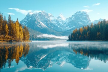 Mountain Range Reflected in Still Lake Water with Fog