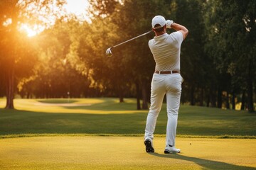 Front view of Golfer driver back swing before hitting golf ball down the fairway , ai