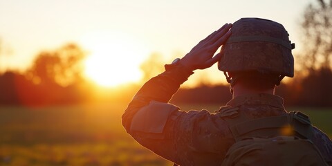 A soldier, wearing full military gear, salutes in the direction of the setting sun, standing in a lush, green field with trees in the background, representing honor and patriotism.