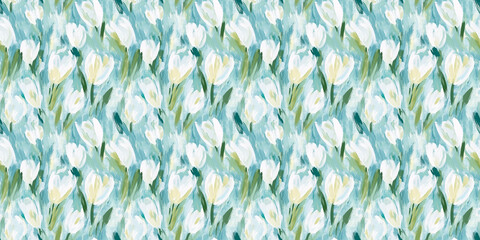 abstract tulip pattern, naive impressionistic gouache style, expressive and naive brushstrokes, dry brush texture, pastel colors including white, light blue, green, muted contrast