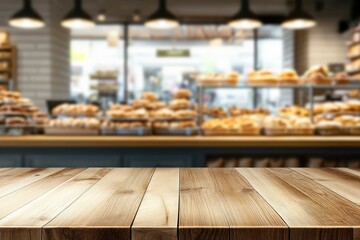 Table and blur background, Wooden counter over blur bokeh light background, Brown wood table top, shelf for food and retail shop, store product display backdrop, banner, mockup, template, ai