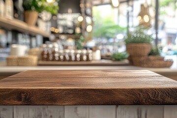 Table and blur background, Wooden counter over blur bokeh light background, Brown wood table top, shelf for food and retail shop, store product display backdrop, banner, mockup, template, ai