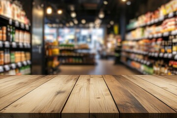 Table and blur background, Wooden counter over blur bokeh light background, Brown wood table top, shelf for food and retail shop, store product display backdrop, banner, mockup, template, ai