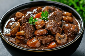 Beef Stew with Mushrooms and Carrots in a Black Bowl
