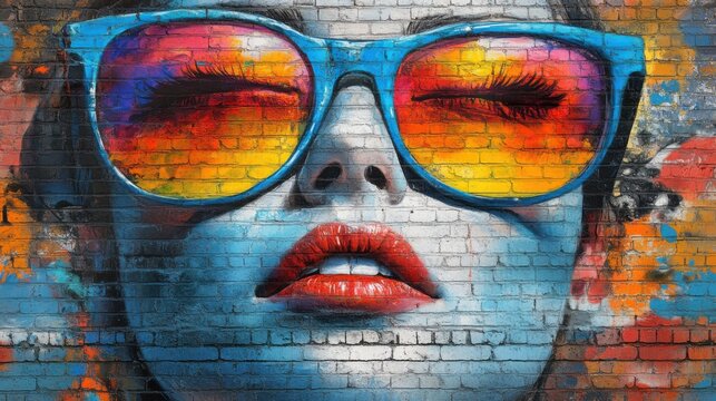 Vibrant Sunglasses Reflecting Colorful Graffiti Art, Woman's Face in Bold Colors, Street Art Inspiration, Creative Expression, Urban Style, Artistic Portrait, Modern Art, Wall Art, Abstract Art