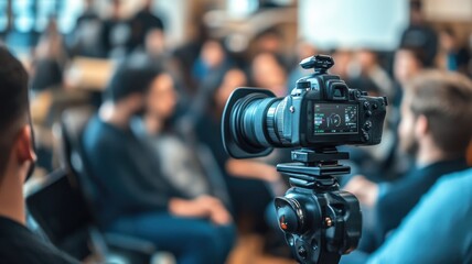 High-quality camera on tripod capturing seminar attended by diverse audience