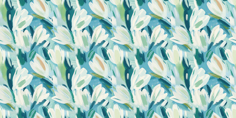 dreamy abstract tulip pattern, naive impressionistic gouache style, modest yet expressive and naive brushstrokes, dry brush texture, pastel colors including white, light blue, green, muted contrast