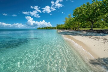 Obraz premium Tranquil Beach Scene with Clear Turquoise Water and Lush Green Trees