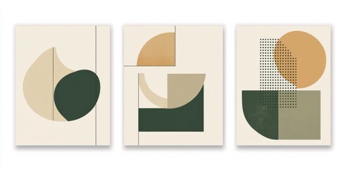 Set of Three Minimalistic Geometric Designs in Olive Green and Beige Tones &ndash; Circles, Oval, and Circular Shapes on White Background for Modern Wall Art
