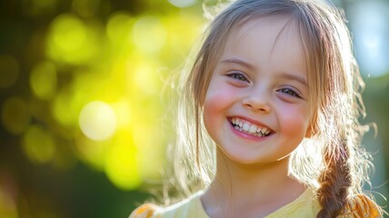 Happy young girl with long braided hair smiling outdoors in sunlight