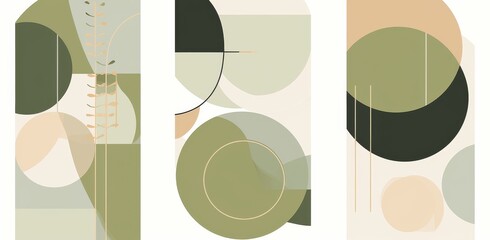  Trio of Abstract Posters Featuring Geometric Shapes in Olive Green and Beige Tones – Circles, Ovals, and Squares on White Background