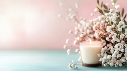 Lit candle and white flowers on light pink blue background, evoking calm serenity