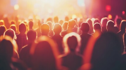 Diverse crowd of people facing brightly lit stage or screen