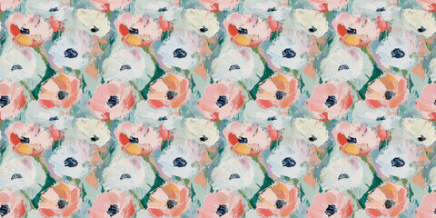 dreamy and clean abstract pattern of poppies in a naive impressionistic style with gouache