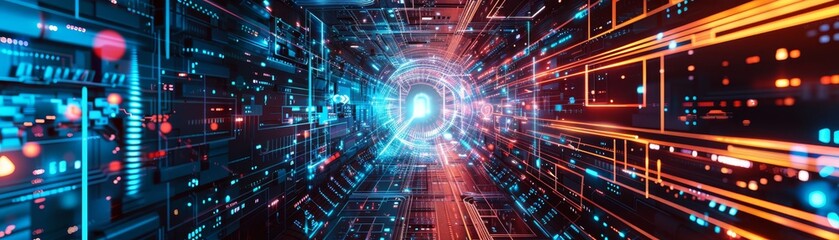 Obraz premium Futuristic Neon Tunnel with Data and Digital Lines
