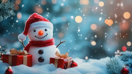 A snowman with a red hat and scarf sits in the snow with a gift.
