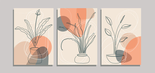 Minimalist Mid Century Wall Art Background With Continuous Line Leaves And pottery. Set for Wall Art Decoration, Brochure, Cover Design, Postcard and Others. Vector Illustration