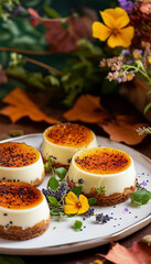 Three round crème brûlée desserts with caramelized tops on a white plate, garnished with edible flowers and herbs, set on a wooden table with autumn leaves and floral decorations.

