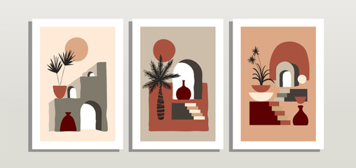 Set of 3 bohemian poster background with mid century element, pottery, palm leaf, stair and abstract shape element. Suitable for wall art, home decor, background, poster, cover and other template.