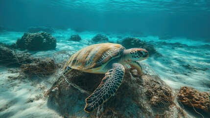 Obraz premium Sea ​​turtle trapped in fishing net
