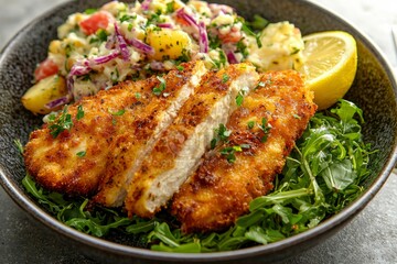 Breaded Chicken Cutlets with Potato Salad and Arugula