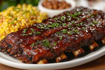 Glazed Ribs with Corn and Beans on a White Plate