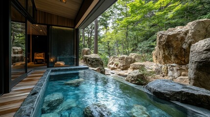 Serene Rustic Onsen Oasis in Evergreen Forest - Natural Pools and Relaxation