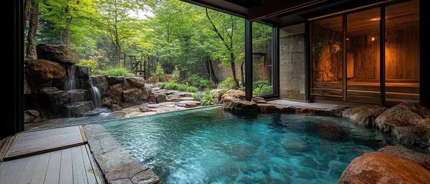 Rustic open-air onsen retreat with natural rock-lined pools amid a towering ancient forest