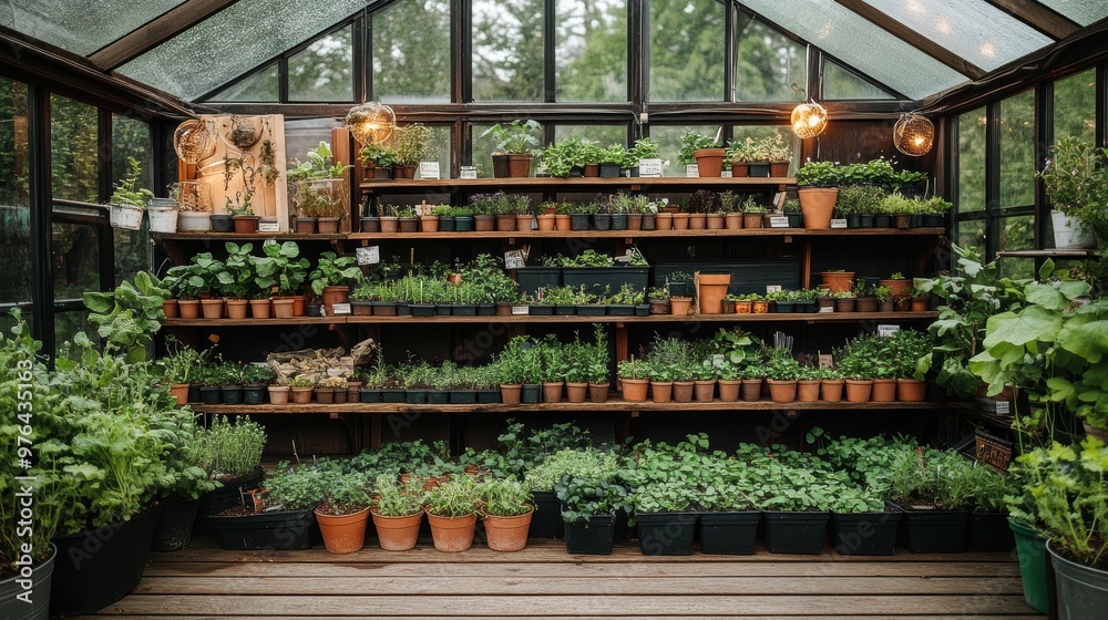 Wall mural lush verdant greenhouse filled with a diverse array of potted plants herbs and seedlings