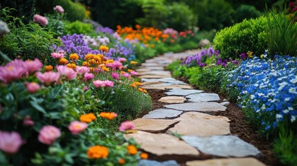 Fototapeta premium Lush vibrant garden oasis with a variety of thriving flowers shrubs and a meandering stone path