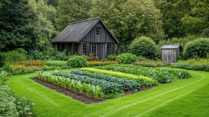 Obraz premium Manicured well-tended vegetable garden with rows of thriving produce and a tool shed in the background