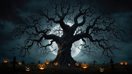 Eerie scene with glowing jack-o'-lanterns beneath a gnarled tree, bats flying across a full moonlit sky