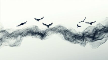 Flock of birds in fluid abstract motion against a simple monochromatic background