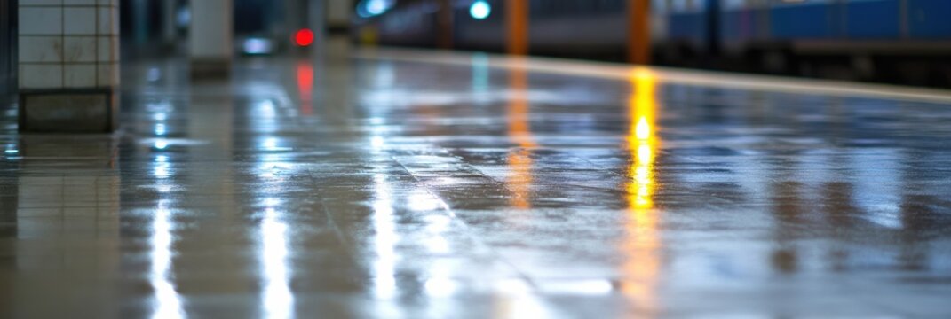 An empty train platform is depicted with a smooth, reflective surface, highlighted by the station lights, creating an atmosphere of anticipation in a modern setting.