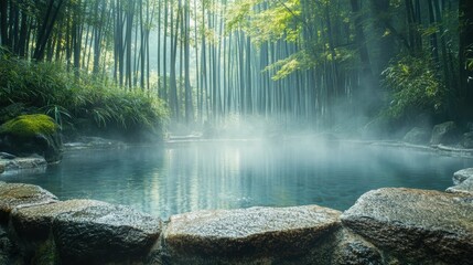 Steaming onsen hot spring situated on the edge of a lush misty bamboo grove