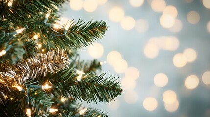 Christmas Tree Branch with Lights and Bokeh Background