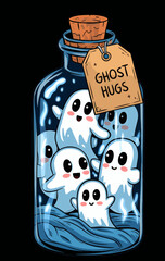 An illustration of a transparent jar filled with cute, white ghost-like figures