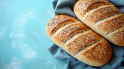Freshly baked loaves of whole grain seeded bread presented in a simple minimalist setting with a soft pale blue surface