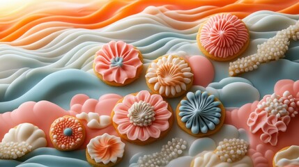 Assortment of delicate hand-piped cookies in playful shapes and patterns against a vibrant sunset-inspired backdrop