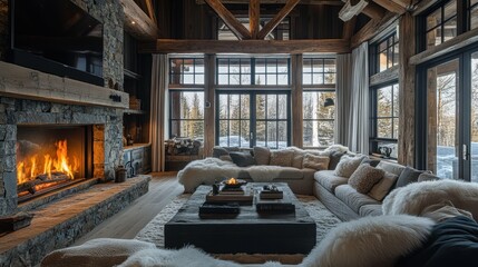 Cozy rustic-inspired living room with exposed beams a stone fireplace and plush comfortable seating