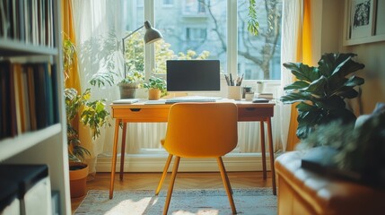 Bright contemporary home office with a clean minimalist aesthetic abundant natural light and sleek ergonomic furniture