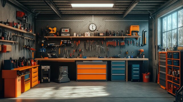 Spacious well-organized garage workshop with ample storage a workbench and tools neatly arranged