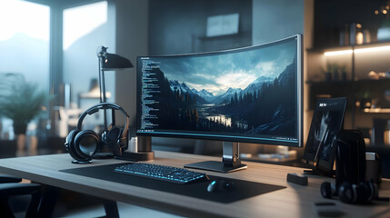Curved Monitor Setup with Mountain Landscape Desktop Background - 3D Illustration
