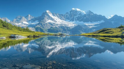 Fototapeta premium Serene Reflections - Majestic snow-capped mountain range mirrored in tranquil alpine lake