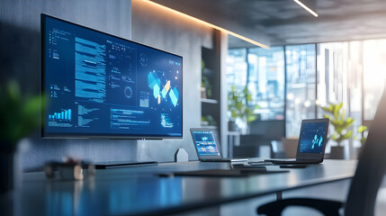 Naklejka premium Modern Office Interior with Desk and Computer Screen - 3D Illustration