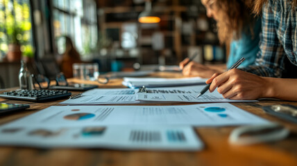 Fototapeta premium A focused team collaborates on paperwork, signing documents in a professional setting.
