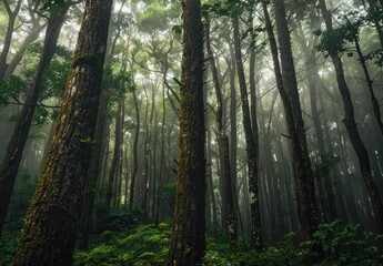 Enchanting misty forest with lush greenery