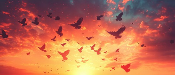 Flock of majestic soaring birds silhouetted against a vivid sunset-inspired sky