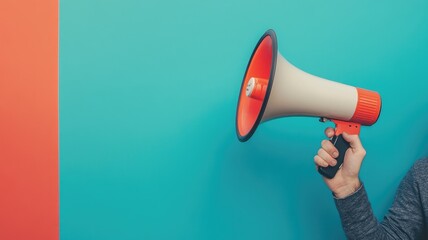 Hand holding megaphone against colorful background for announcement or promotion