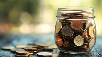 Glass jar filled with various coins, some spilled on wooden surface